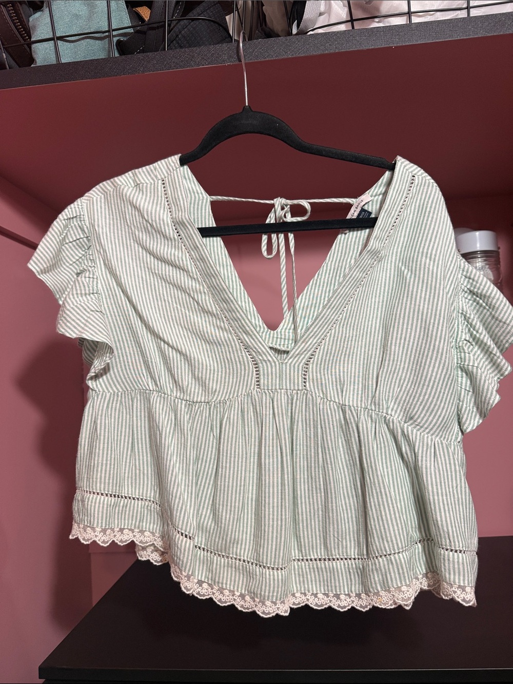 American Eagle Outfitters Light Green & White Striped Peplum Crop Top